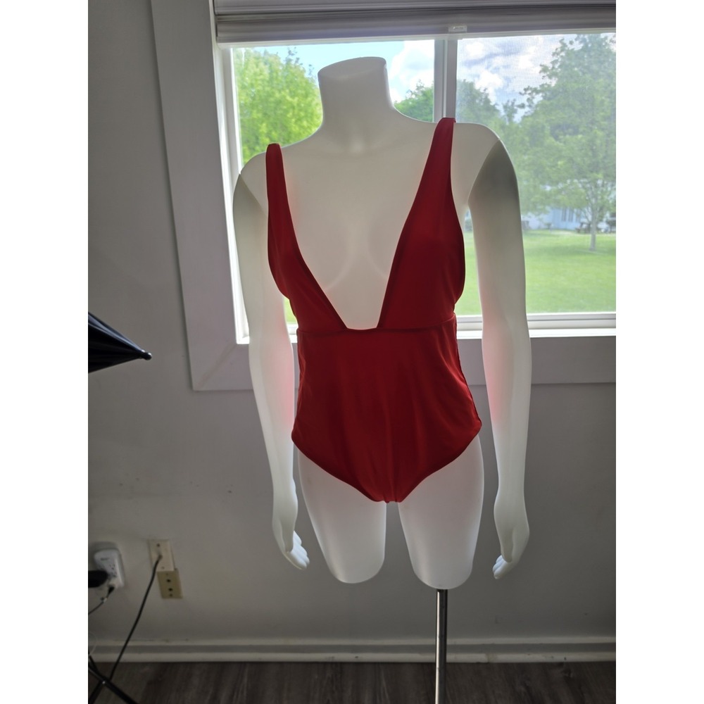 Mara Hoffman Audrey One Piece Swimsuit Vitality Red Deep VNeck Size L - Picture 3 of 11